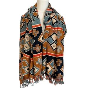VTG Southwestern Scarf Shawl Native American Aztec Print Fringe Primitive Earthy